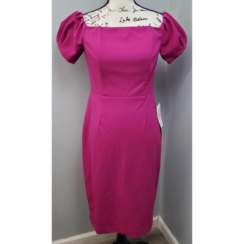 Betsy‎ & Adam Bodycon Dress Womens 10 Pink Puff Sleeve Off the Shoulder Back Zip